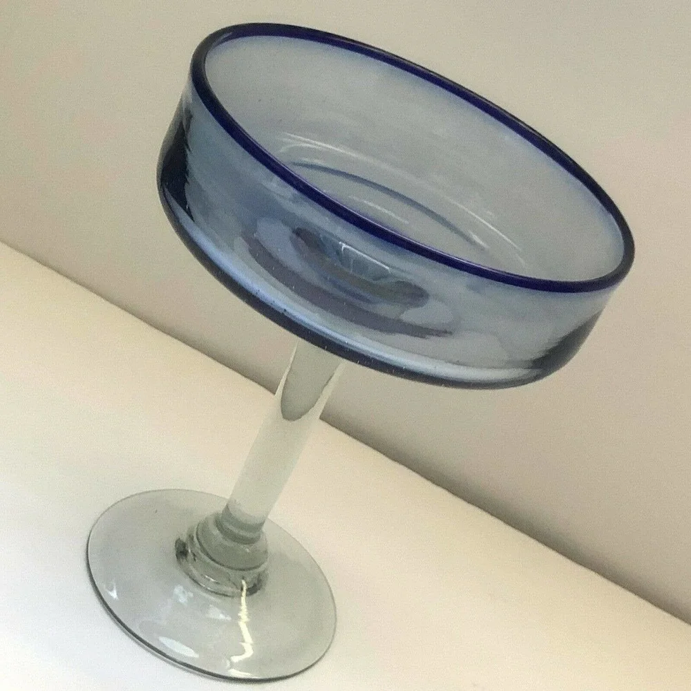 Mexican Hand Blown Art Glass Dessert Margarita Cobalt Blue Edge Rim Design